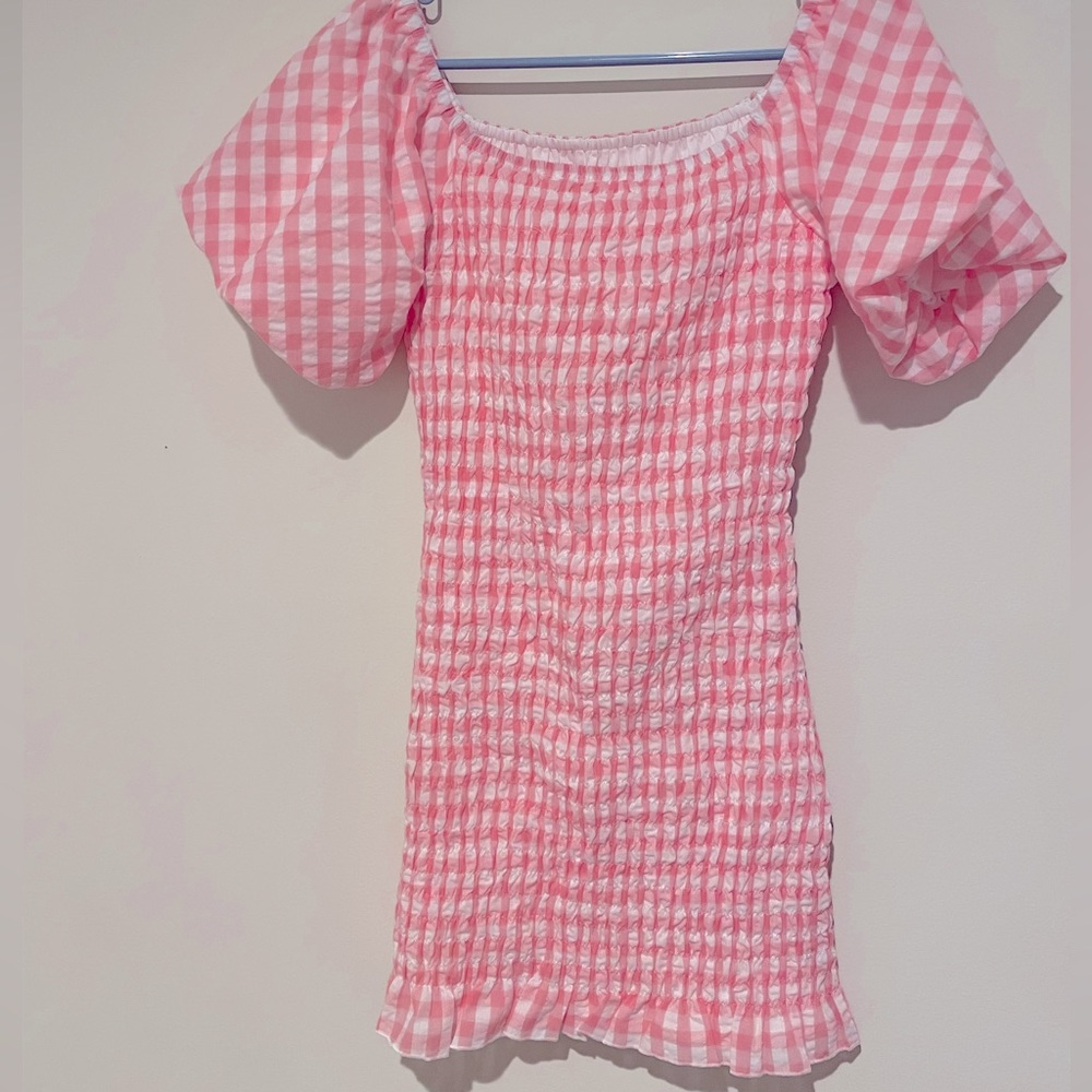 Pink Lily Smocked Pink Gingham Dress Size Small Bump Friendly Brand New